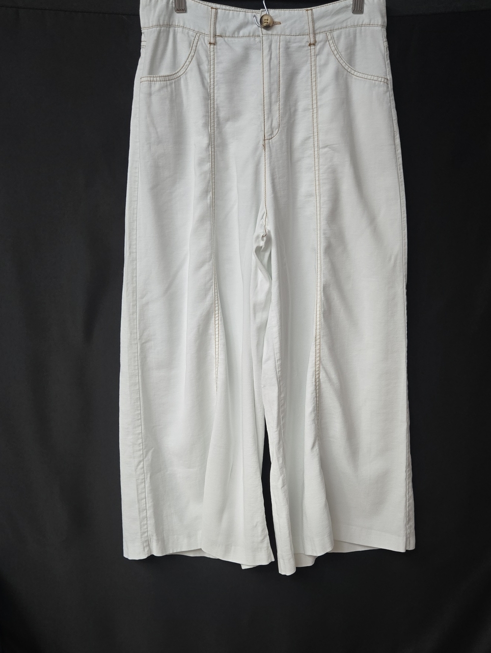 Zara‎ White Wide Leg High Rise Denim Front Seam Contrast Stitch Sz Large Boho